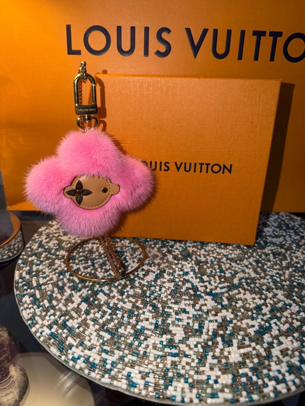 Louis Vuitton Vivienne Pink Fur Monogram Flower Charm Key Holder